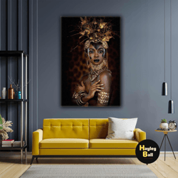 native woman in traditional dress african woman in gold with gold inserts roll up canvas, stretched canvas art, framed w