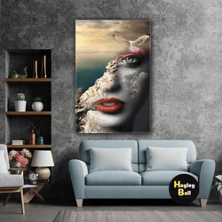 nature face woman illustration red lipstick landscape roll up canvas, stretched canvas art, framed wall art painting
