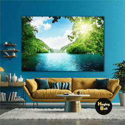 nature foliage lake landscape sun roll up canvas, stretched canvas art, framed wall art painting