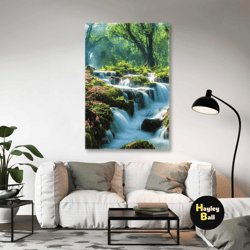 nature wall decor, waterfall wall art, green forest canvas art, roll up canvas, stretched canvas art, framed wall art pa