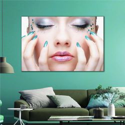 blue nail polish blindfolded female model diamond jewelry makeup roll up canvas, stretched canvas art, framed wall art p