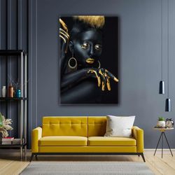 african gold painted hand gold jewelry blonde hair woman roll up canvas, stretched canvas art, framed wall art painting
