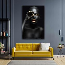 african model gold makeup female hand eyes roll up canvas, stretched canvas art, framed wall art painting