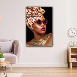 african woman gold plug glasses makeup scarf woman roll up canvas, stretched canvas art, framed wall art painting