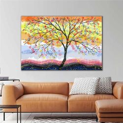 artistic colorful flowering tree oil painting effect modern roll up canvas, stretched canvas art, framed wall art painti