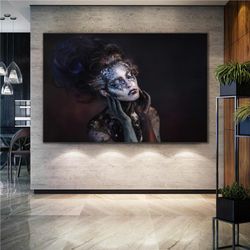 blindfolded female model with silver makeup modern decorative woman roll up canvas, stretched canvas art, framed wall ar