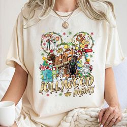 vintage mickey ears disneyland christmas hollywood studios jollywood nights shirt, retro pixar toy story hollywood tower