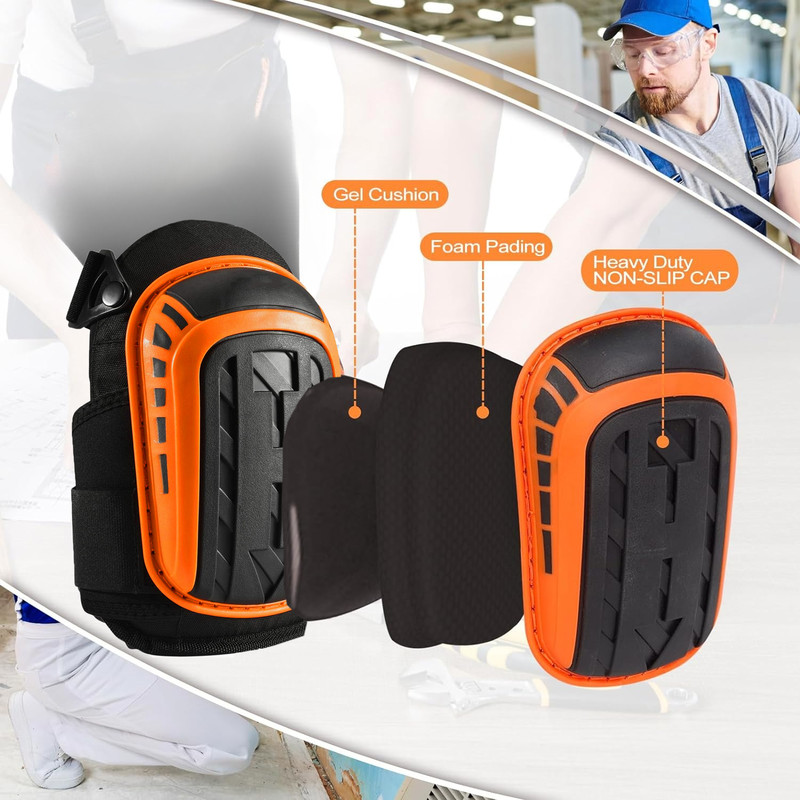 Gel Cushion Knee Pads Work Heavy Duty Support, Anti Slip Straps Kneepads for Construction Gardening Flooring Tile