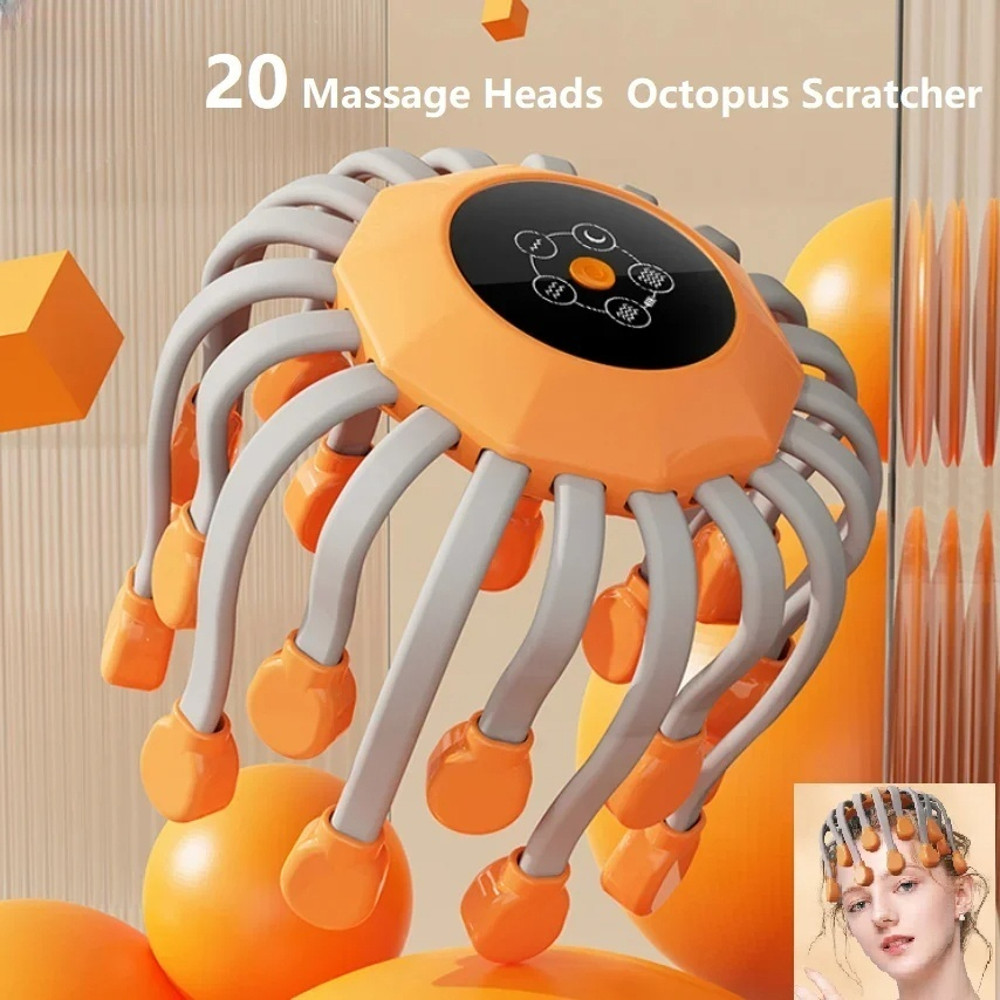 Octopus Scratcher Red Light Vibrator Orange Scalp Massager With 20 Massage Heads For Stress Relief 0