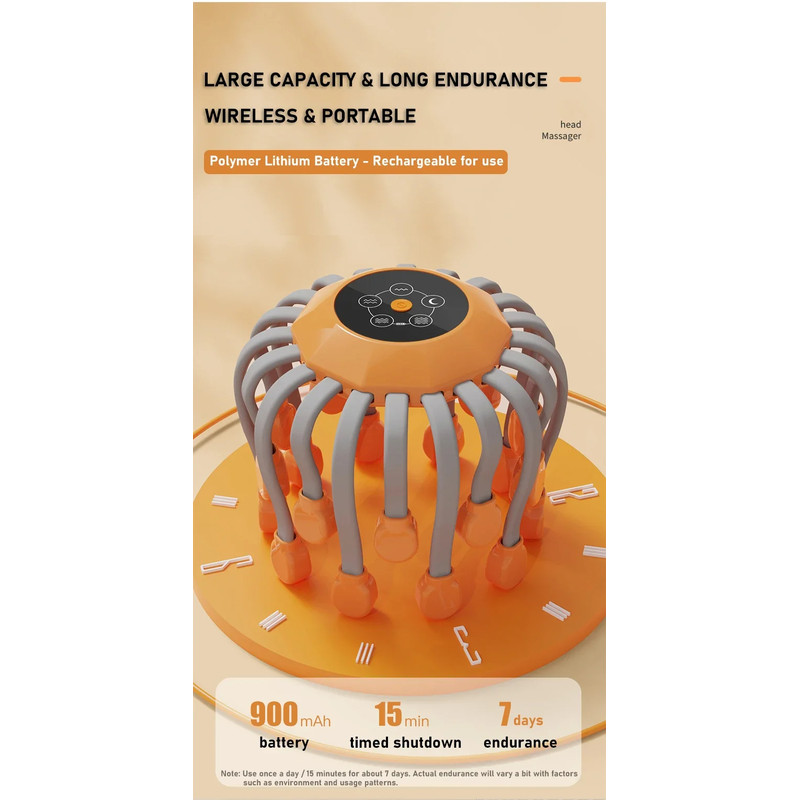 Octopus Scratcher Red Light Vibrator Orange Scalp Massager With 20 Massage Heads For Stress Relief 3