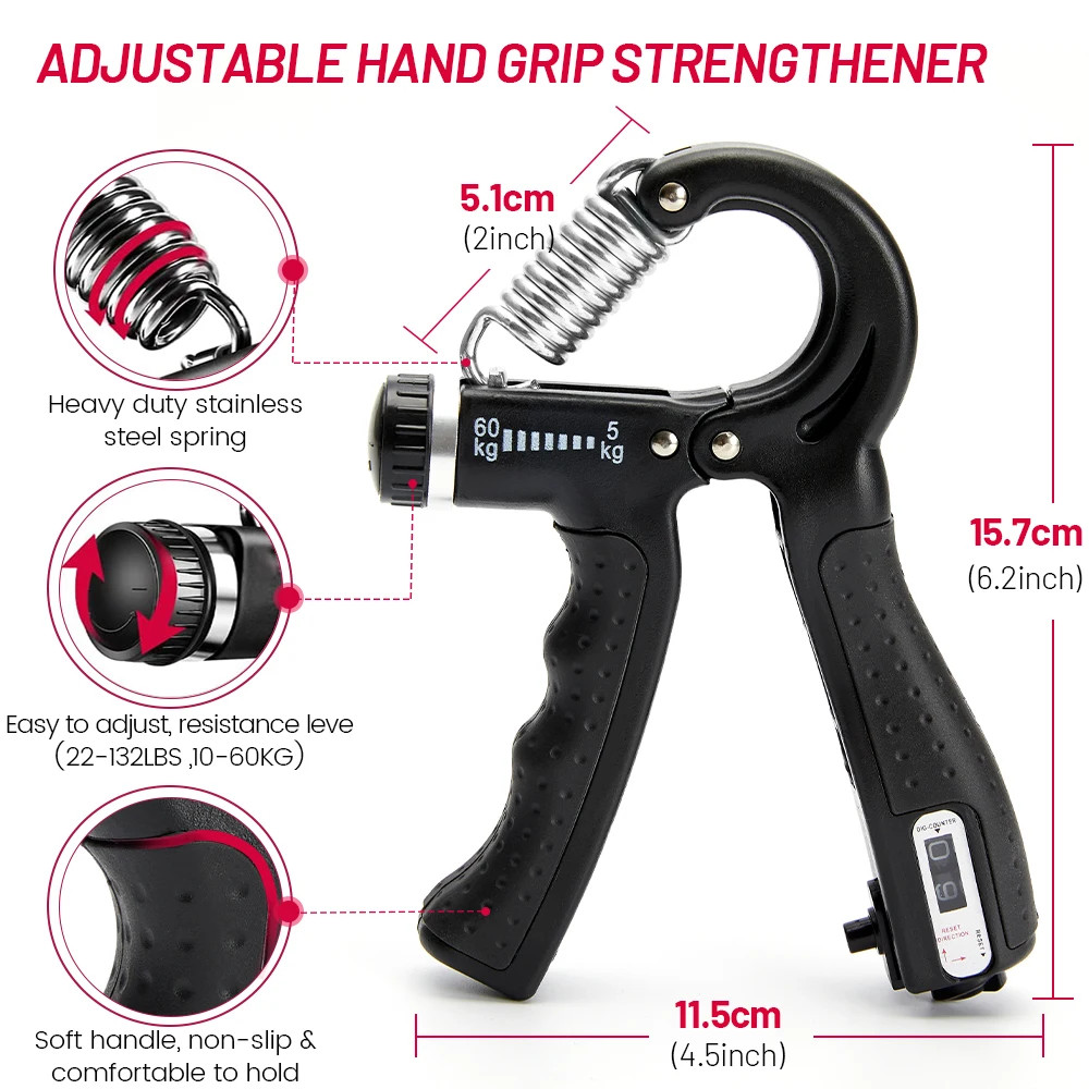 Wrist Forearm And Hand Exerciser Full Set With Counter, 5-60kg Adjustable Hand Grip Strength Trainer For Stronger Grip