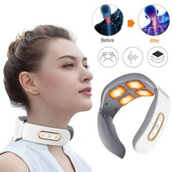 magnetic pulse 4-head kneading electric neck shoulder massager, heating cervical vertebra relax pain relief massage