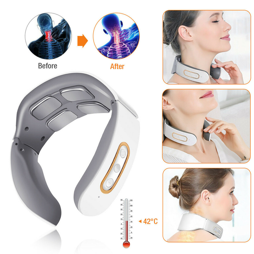 Magnetic Pulse 4-Head Kneading Electric Neck Shoulder Massager, Heating Cervical Vertebra Relax Pain Relief Massage