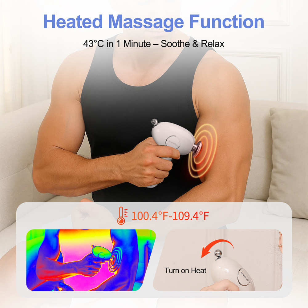 Mini Massager Gun with Heat, Deep Tissue Massage Gun, Handheld Percussion, 3 Interchangeable Heads, 4 Speeds