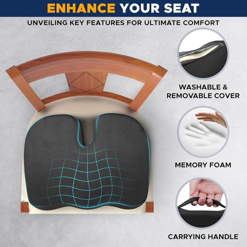 Orthopedic Gel Foam Cushion, U Coccyx Travel Seat Pillow, Office Car Chair Support, Breathable Healthy Sitting, Massage