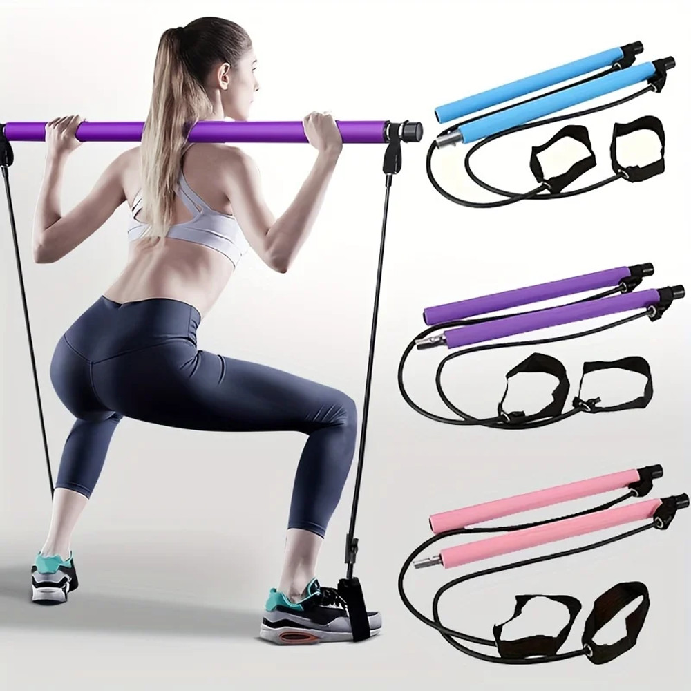 Yoga Pilates Bar Set, Multifunctional Fitness Bar Combination, Elastic Rope Back Trainer Stretching Belt