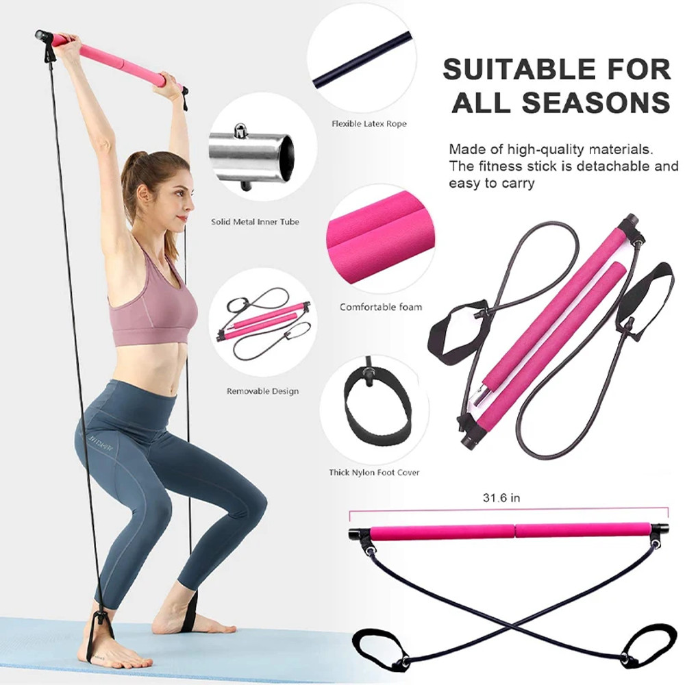 Yoga Pilates Bar Set, Multifunctional Fitness Bar Combination, Elastic Rope Back Trainer Stretching Belt