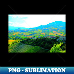 view in castignano at mount ascension fields and meadows houses and trees - artistic sublimation digital file - add a festive touch to every day