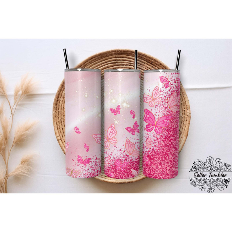 Butterfly Glitter Pink, Tumbler 20 oz Warp PNG, Skinny Tumbler Designs PNG.jpg