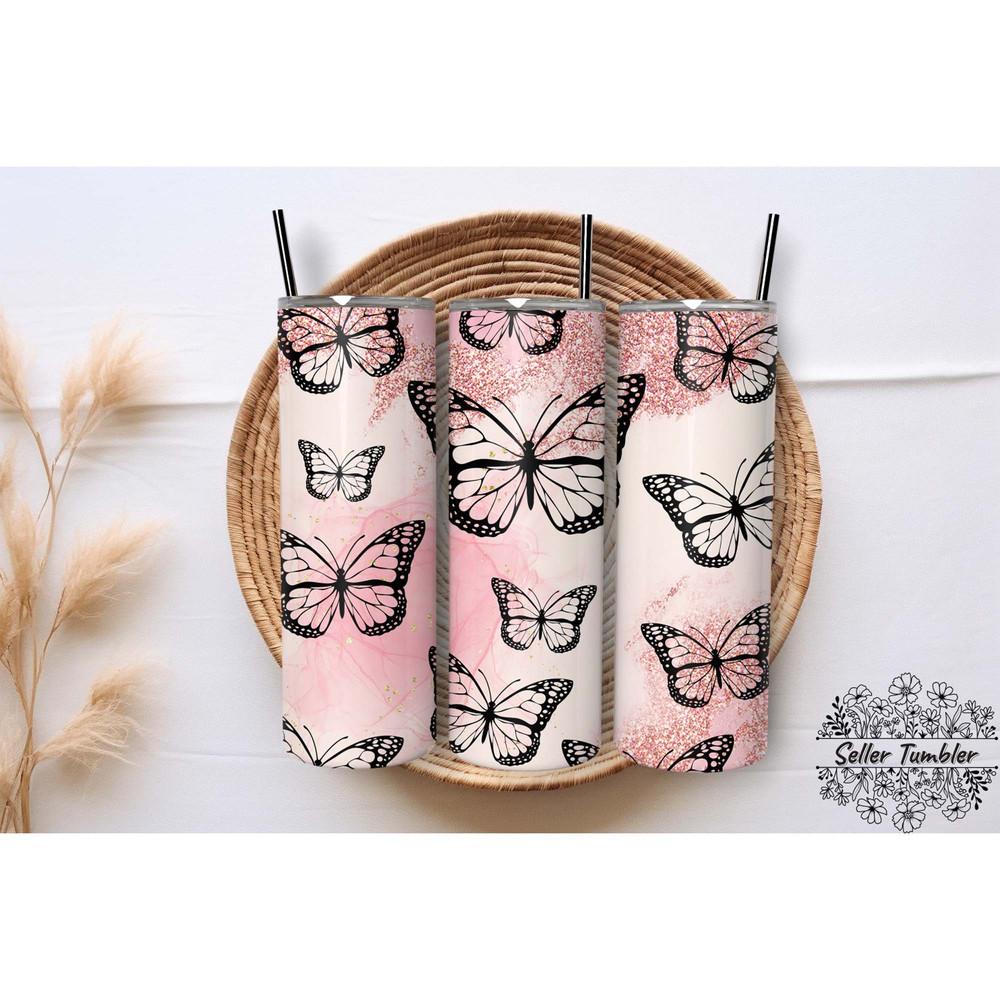 Butterfly Pink Glitter, Tumbler 20 oz Warp PNG, Skinny Tumbler Designs PNG.jpg