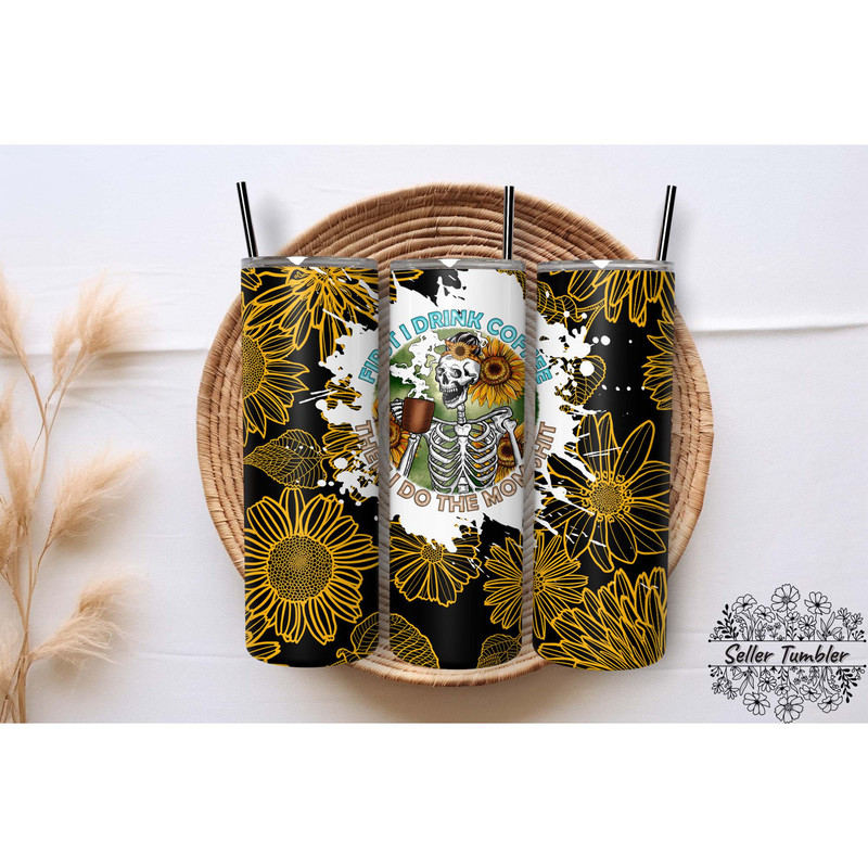 Coffee Sunflower, Tumbler 20 oz Warp PNG, Skinny Tumbler Designs PNG.jpg