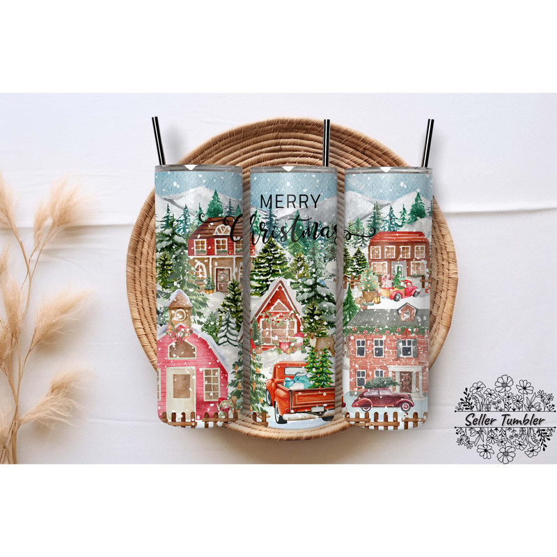 Farmhouse Christmas, Tumbler 20 oz Warp PNG, Skinny Tumbler Designs PNG.jpg