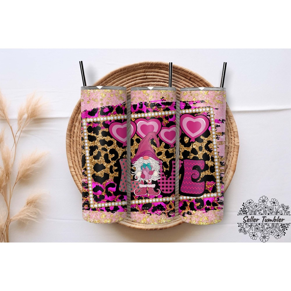 Gnome Love Leopard Glitter, Tumbler 20 oz Warp PNG, Skinny Tumbler Designs PNG.jpg
