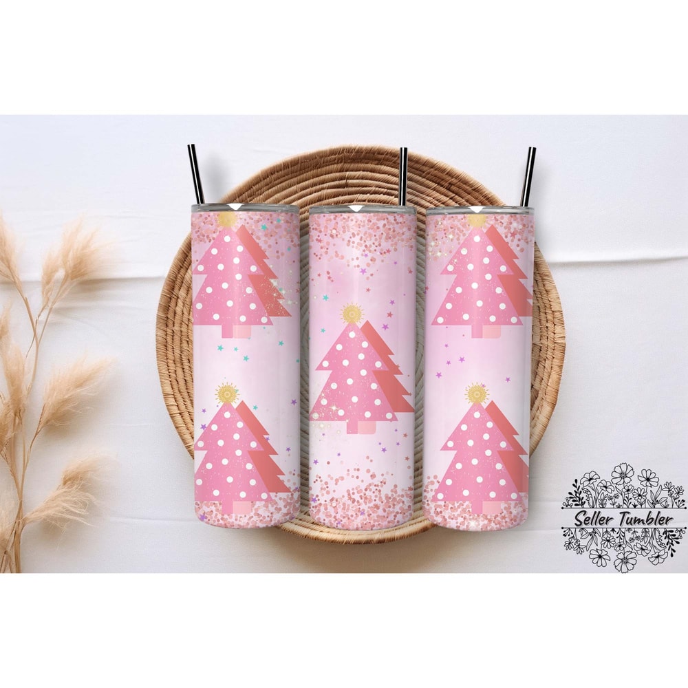 Pink Tree Christmas, Tumbler 20 oz Warp PNG, Skinny Tumbler Designs PNG.jpg