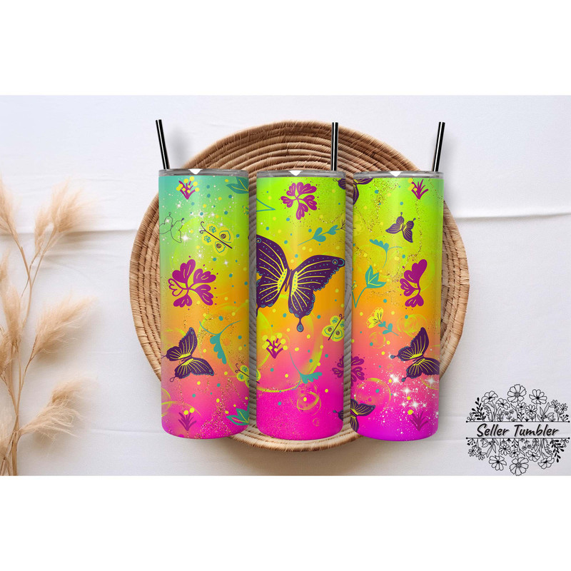 Rainbow Butterfly Neon, Tumbler 20 oz Warp PNG, Skinny Tumbler Designs PNG.jpg