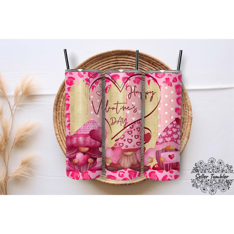 Valentine Gnome Pink Leopald, Tumbler 20 oz Warp PNG, Skinny Tumbler Designs PNG.jpg
