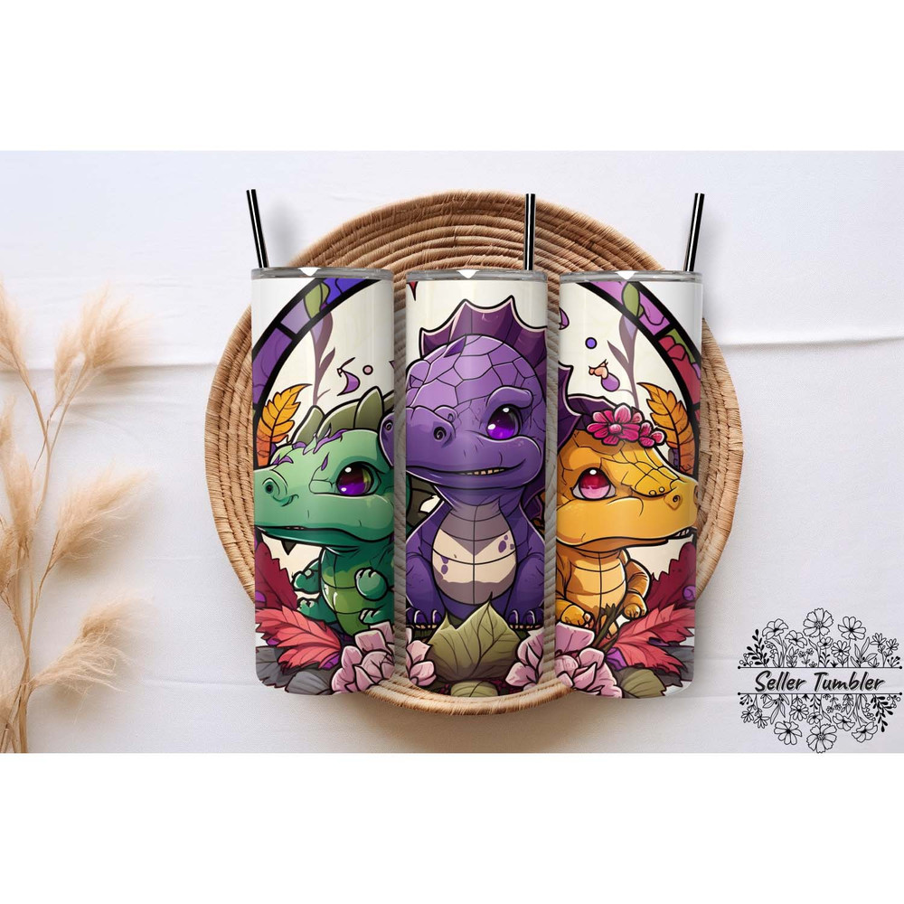 Cute Chibi Cartoon Dinosaurs Children , Tumbler 20 oz Wrap PNG, Skinny Tumbler Designs PNG.jpg