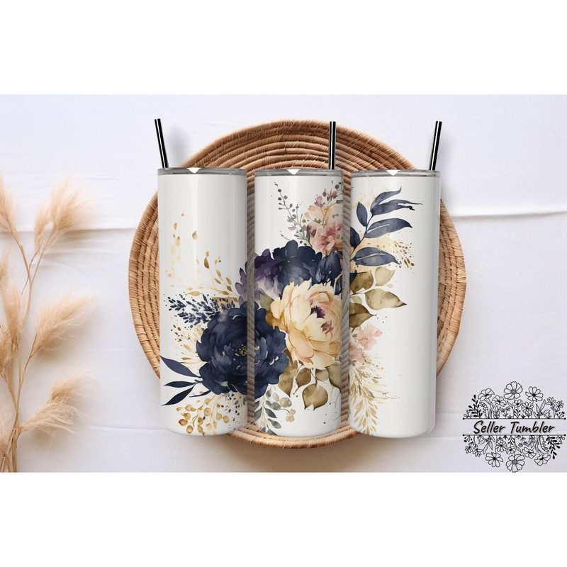 Navy Floral Wedding Flowers 20 Oz , Tumbler 20 oz Wrap PNG, Skinny Tumbler Designs PNG.jpg