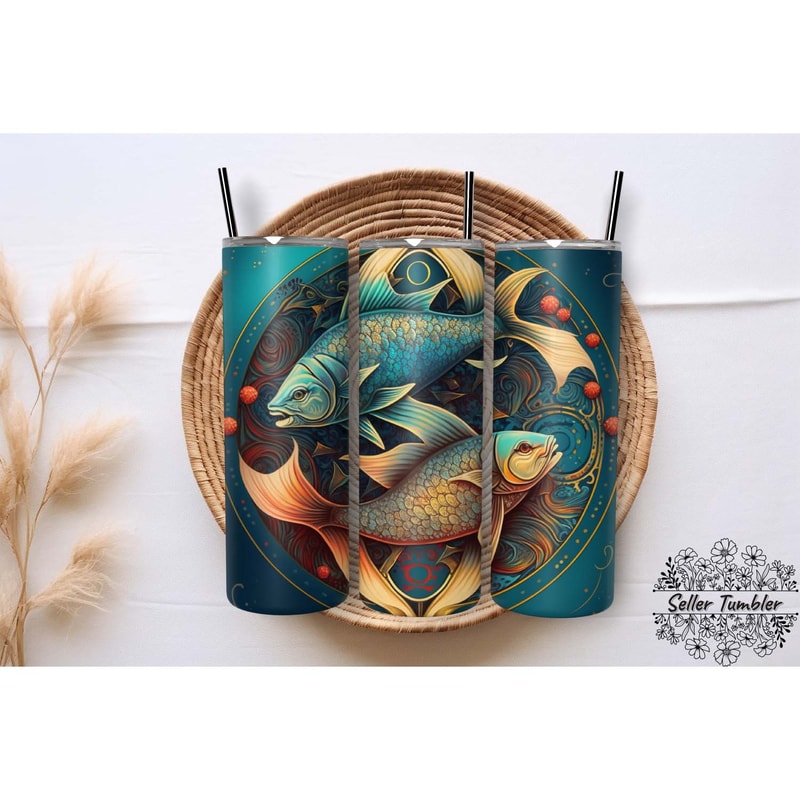 Zodiac Pisces Fish Round 20 , Tumbler 20 oz Wrap PNG, Skinny Tumbler Designs PNG.jpg