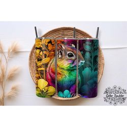 chipmunk neon rainbow floral 20 oz, tumbler 20 oz wrap png, skinny tumbler designs png