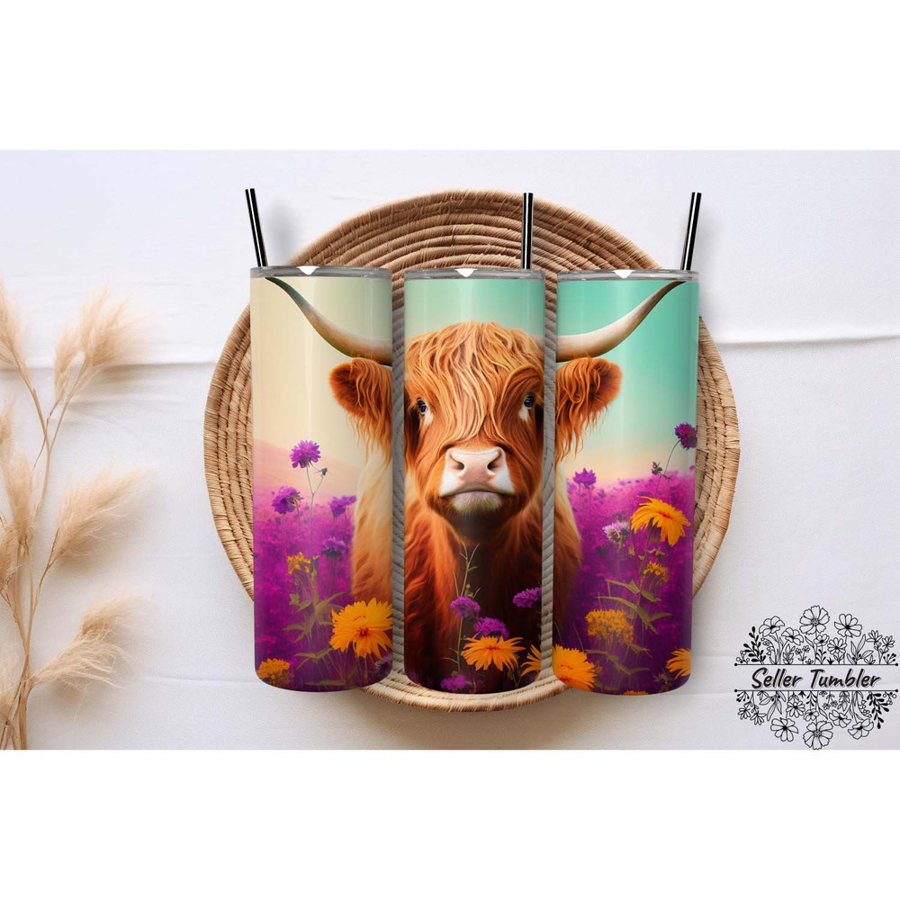 Cute Highland Cow Flax Daisy 20 Oz, Tumbler 20 oz Wrap PNG, Skinny Tumbler Designs PNG.jpg