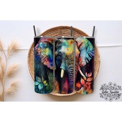 elephant side neon alcohol ink floral  20 oz, tumbler 20 oz wrap png, skinny tumbler designs png