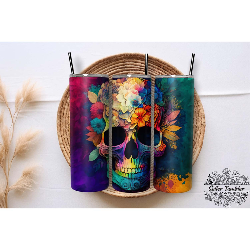 Floral Skull 20 Oz, Tumbler 20 oz Wrap PNG, Skinny Tumbler Designs PNG.jpg