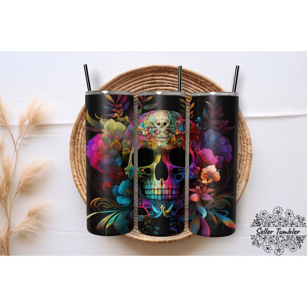 Floral Skull Wrap 20 Oz, Tumbler 20 oz Wrap PNG, Skinny Tumbler Designs PNG.jpg