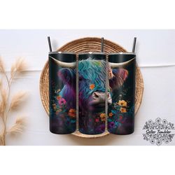 highland cow flowers wild 20 oz, tumbler 20 oz wrap png, skinny tumbler designs png