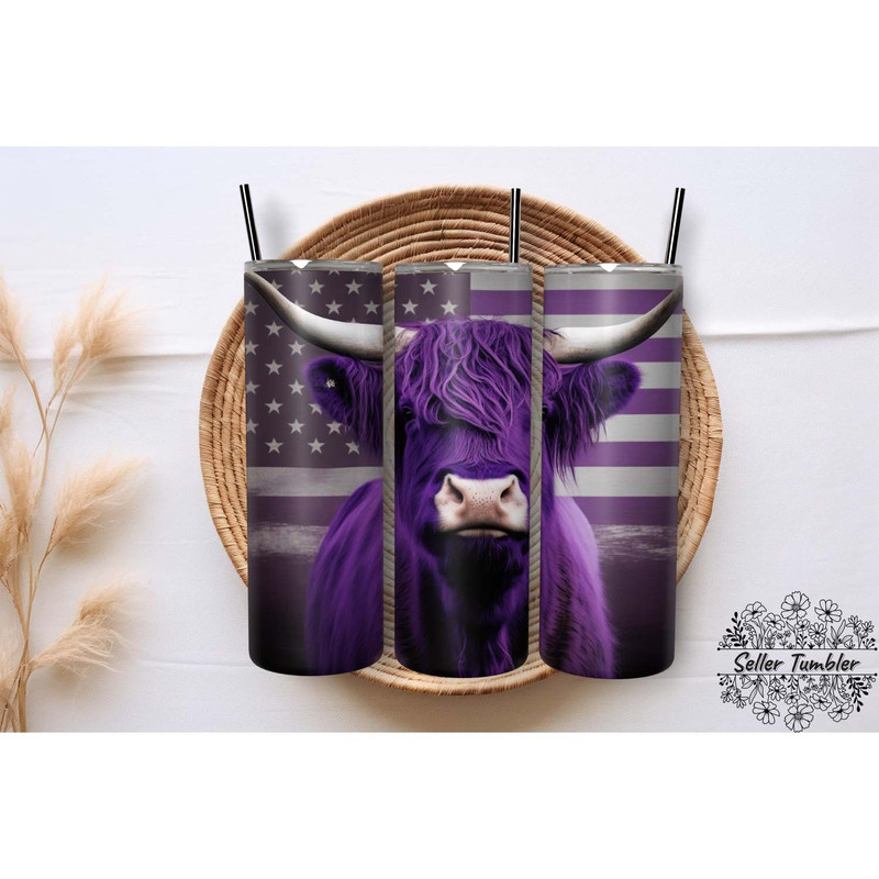 Highland Cow Purple Usa Flag 20 Oz, Tumbler 20 oz Wrap PNG, Skinny Tumbler Designs PNG.jpg