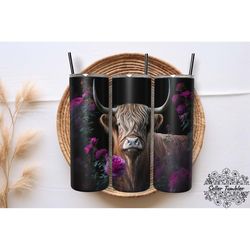 highland cow rose flower 20 oz, tumbler 20 oz wrap png, skinny tumbler designs png