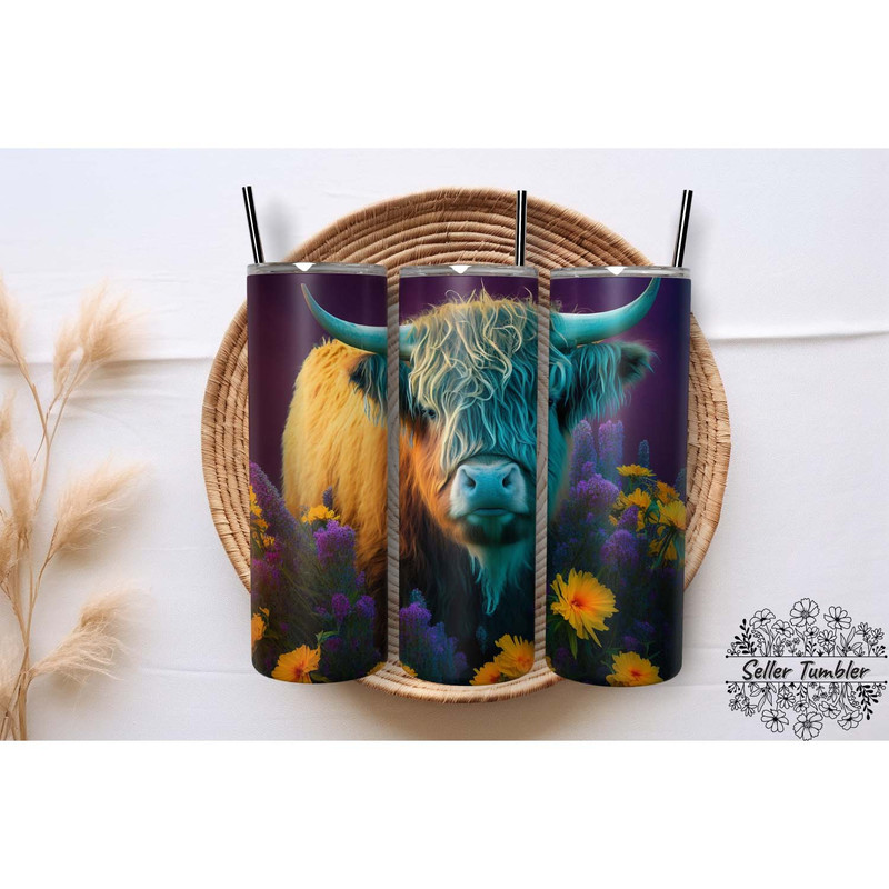 Highland Cow Shame Plant Flower 20 Oz, Tumbler 20 oz Wrap PNG, Skinny Tumbler Designs PNG.jpg