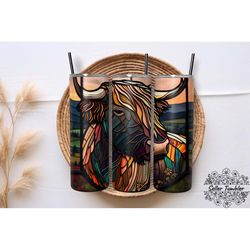 highland cow stained glass 20 oz, tumbler 20 oz wrap png, skinny tumbler designs png