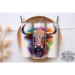 Highland Cow Watercolor 20 Oz, Tumbler 20 oz Wrap PNG, Skinny Tumbler Designs PNG