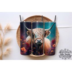 highland cow wild flower 20 oz, tumbler 20 oz wrap png, skinny tumbler designs png