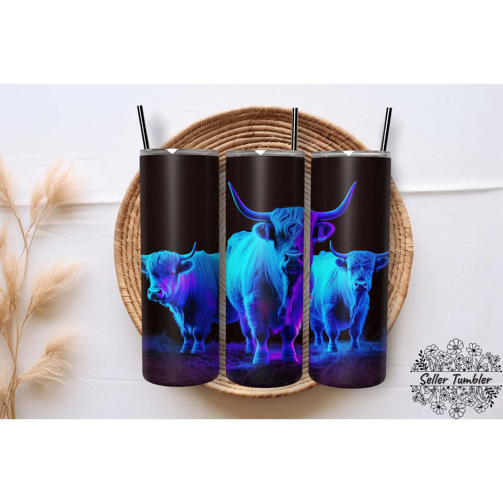 Neon Highland Cattle 20 Oz, Tumbler 20 oz Wrap PNG, Skinny Tumbler Designs PNG.jpg