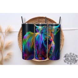 neon highland cow 20 oz, tumbler 20 oz wrap png, skinny tumbler designs png