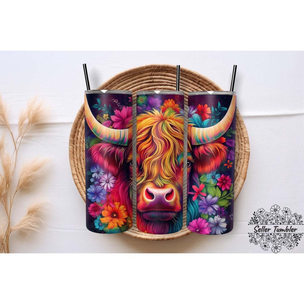 Neon Highland Cow Flower 20 Oz, Tumbler 20 oz Wrap PNG, Skinny Tumbler Designs PNG.jpg