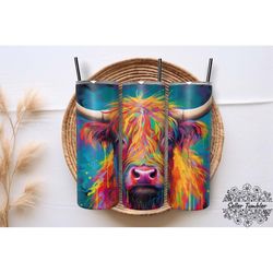 neon highland cow rainbow 20 oz, tumbler 20 oz wrap png, skinny tumbler designs png