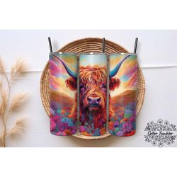 neon highland cow rainbow flower 20 oz, tumbler 20 oz wrap png, skinny tumbler designs png